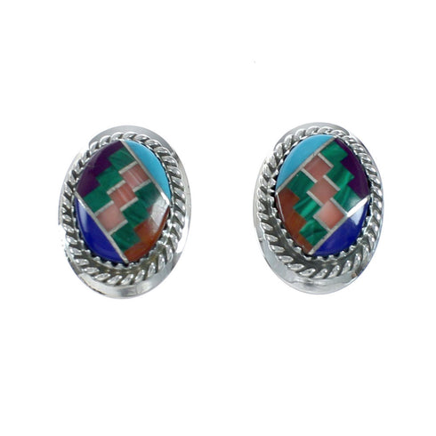 Multicolor Native American Inlay Sterling Silver Post Earrings X11337